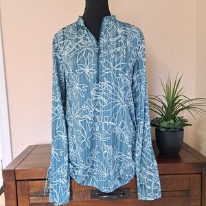 Eddie Bauer Rashguard Swim Top XL Long Sleeved Tropical Print Green White